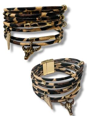 Leopard Print Multi-Strand Magnetic Bracelet | Western Charm Cuff | Gold Accents